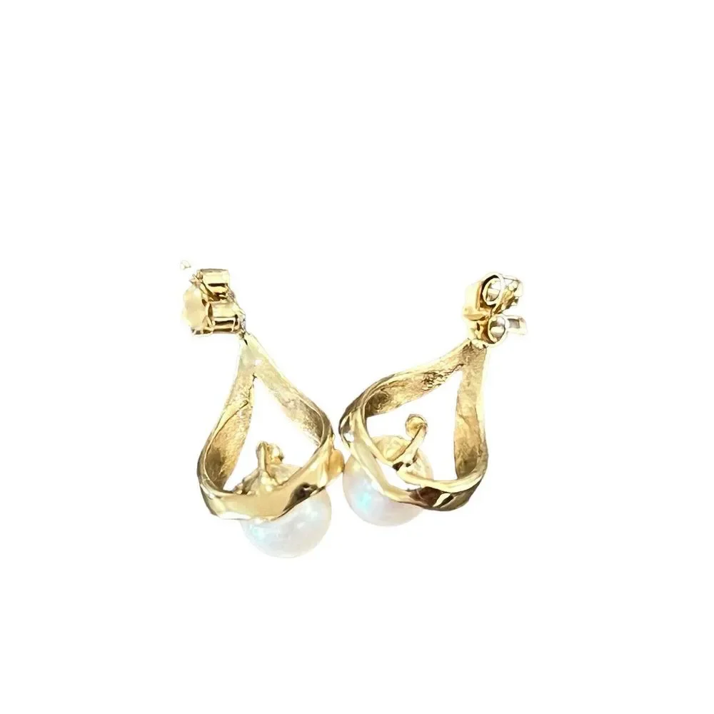 Vintage Signed UL 14K Gold Pearl Diamond Drop Pierced Earrings - Picture 8 of 10